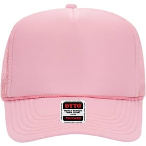 A pink 5 Panel High Crown Trucker Cap with a foam front and mesh backing, featuring a logo on the front.