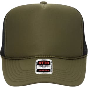A high crown trucker cap in olive green, featuring a foam front and mesh back, with a branded label.