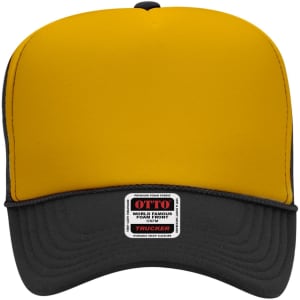 A five-panel high crown trucker cap in yellow and black, featuring a logo on the front.