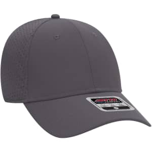 A grey six-panel low-profile baseball cap with a logo, featuring a perforated design for breathability.