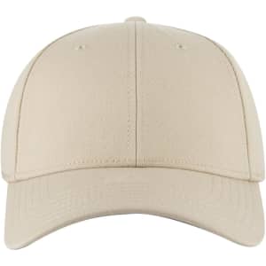A beige low-profile baseball cap with a six-panel design and an adjustable strap at the back.