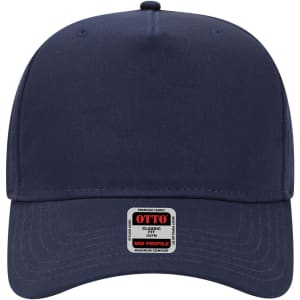 A navy blue 5 panel mid profile baseball cap with a logo on the front.