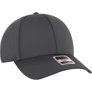 A grey six-panel low profile baseball cap with a logo on the front.
