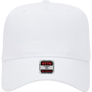 A white 5-panel mid crown baseball cap featuring a branded label on the front.