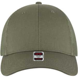 A low profile trucker cap in olive green, featuring a mesh back and a logo patch on the front.