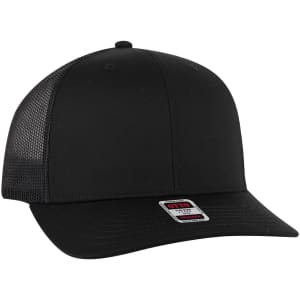 A black 6 panel mid profile trucker cap with a mesh back and a branded label on the front.