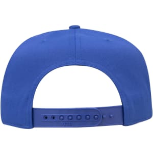 A blue 5 panel mid profile baseball cap featuring a plain design and an adjustable snapback closure.