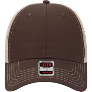 A brown 6 panel low profile trucker cap with a beige mesh back and a logo on the front.