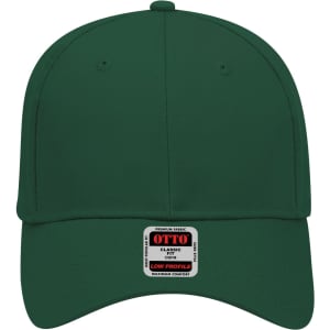 A green 6 panel low profile baseball cap with a tag, featuring a logo on the front.
