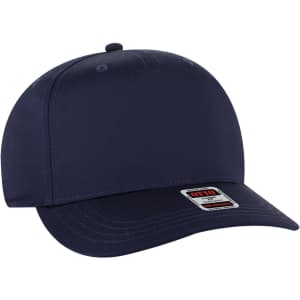 A navy blue 5 panel mid crown baseball cap featuring a brim and a logo on the front.