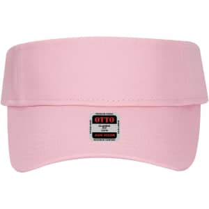 A pink sun visor with a wide brim and a branding label on the front.