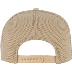 A high crown beige trucker hat with an air mesh back and adjustable strap. Features a logo on the back.