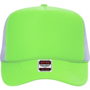 A high crown trucker cap in bright green with a grey mesh back and a logo tag at the front.