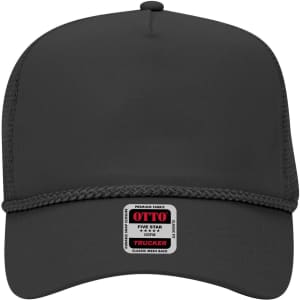 A black 5 panel mid-profile trucker cap with a mesh back and a branded label on the front.