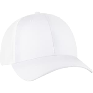 A white low profile trucker cap featuring a six-panel design and a mesh back. It has a branding logo.