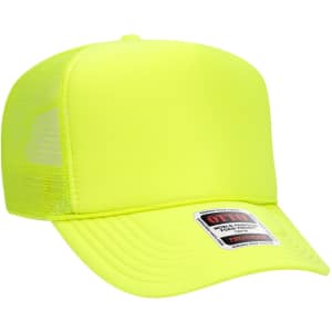 A bright yellow 5 Panel High Crown Trucker Cap with a mesh back and a logo on the tag.