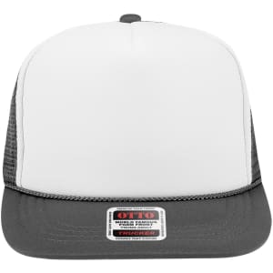 A high crown trucker cap featuring a white front panel and grey mesh sides, with a logo on the front.