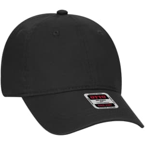 A black low profile dad cap featuring a curved brim and a logo. Suitable for youth.