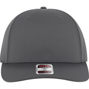 A grey mid-profile baseball cap with a seamless design and a logo on the front.