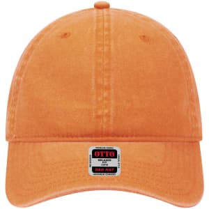 An orange 6-panel low profile dad cap with an adjustable strap and a logo on the front.