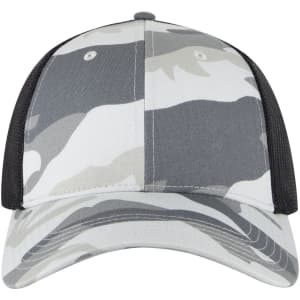 A grey and white camo 6 panel low profile trucker cap with a black mesh back and a logo on the front.