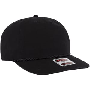 A black 5 panel mid profile baseball hat with a rope detail and a small logo on the front.