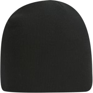 A classic black knit beanie with a ribbed texture and a logo on the side.