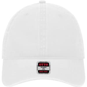 A white 6 panel low profile dad cap with a logo on the front.