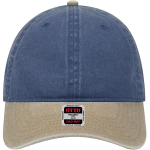 A navy blue and khaki 6-panel low profile dad cap with a logo on the front.