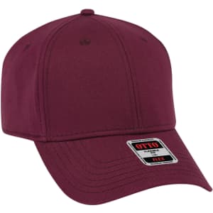 A maroon 6 panel low profile baseball cap featuring a logo on the front.
