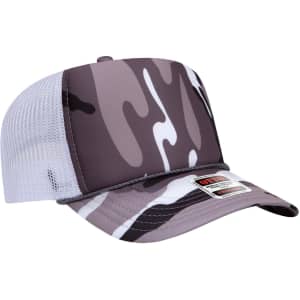 A grey and white camo 5 panel high crown trucker cap with mesh detailing. It features a logo on the front.