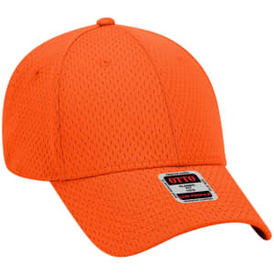 An orange 6-panel low profile baseball cap with a textured design and a logo on the front.