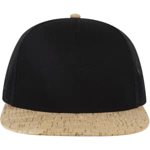 A black 5 Panel Pro Style Trucker Cap featuring a cork-style brim and a logo on the front.