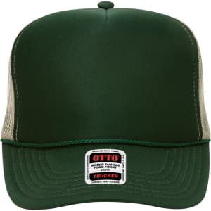 A green 5 panel high crown trucker cap with mesh sides and a label on the front.