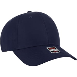 A navy 6 panel low profile style baseball cap with a logo on the front.