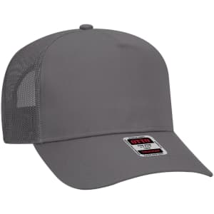 A grey 5 panel mid profile trucker cap featuring mesh sides and a front panel, with an attached logo.
