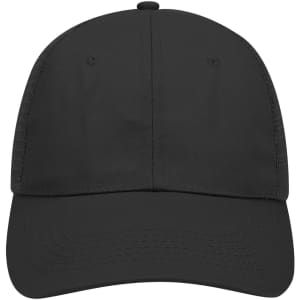 A black 6 Panel Low Profile Trucker Cap with a structured design and a visible logo.