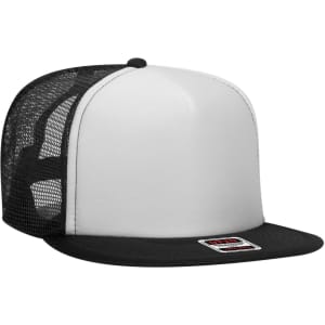 A high crown trucker cap featuring a black foam front and black mesh sides, with a curved brim and a logo.