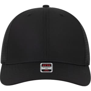 A black six-panel mid-profile baseball cap with a logo on the front. Features a structured fit and ventilation panels.