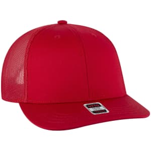 A red 6 panel mid profile trucker cap with a mesh back and a branded label.