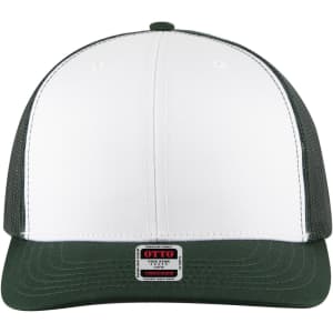 A 6 panel mid profile trucker cap in white and dark green, featuring a logo on the front and mesh sides.