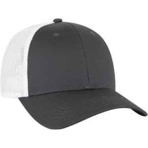 A grey low profile trucker cap with a white mesh back and an adjustable strap, featuring a logo on the front.