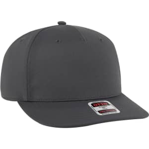 A grey 5-panel snapback hat featuring a structured design and a flat brim. It has a logo on the side.
