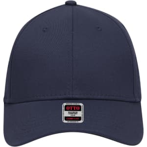 A navy blue low profile baseball cap with a six-panel design and a logo on the front.