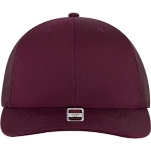 A maroon 6 panel mid profile trucker cap with a mesh back and a small logo at the front.