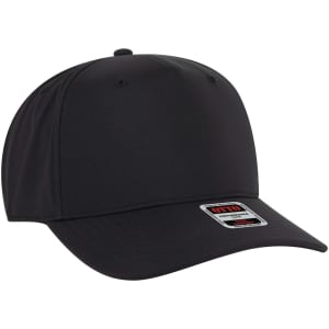 A black 5-panel mid-profile baseball cap with a curved brim and a logo patch.