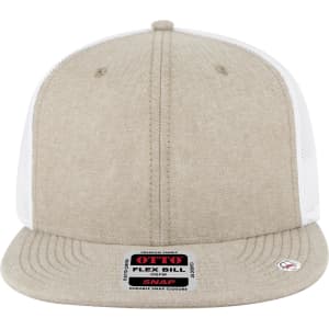 A beige trucker cap with a mid-profile design and white mesh panels, featuring a brand logo on the front.