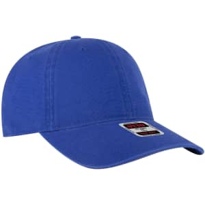 A blue 6 panel low profile dad cap with a curved brim and a logo badge on the front.