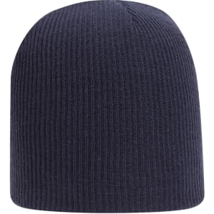 A dark navy rib knit beanie with a soft, textured fabric and a simple design. It features a logo on one side.