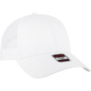 A white 6 panel low profile trucker cap with a mesh back and a logo patch on the front.